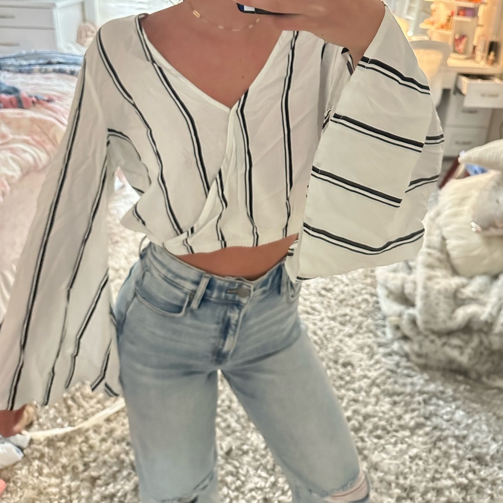 Striped V-Neck Bell Sleeve Top